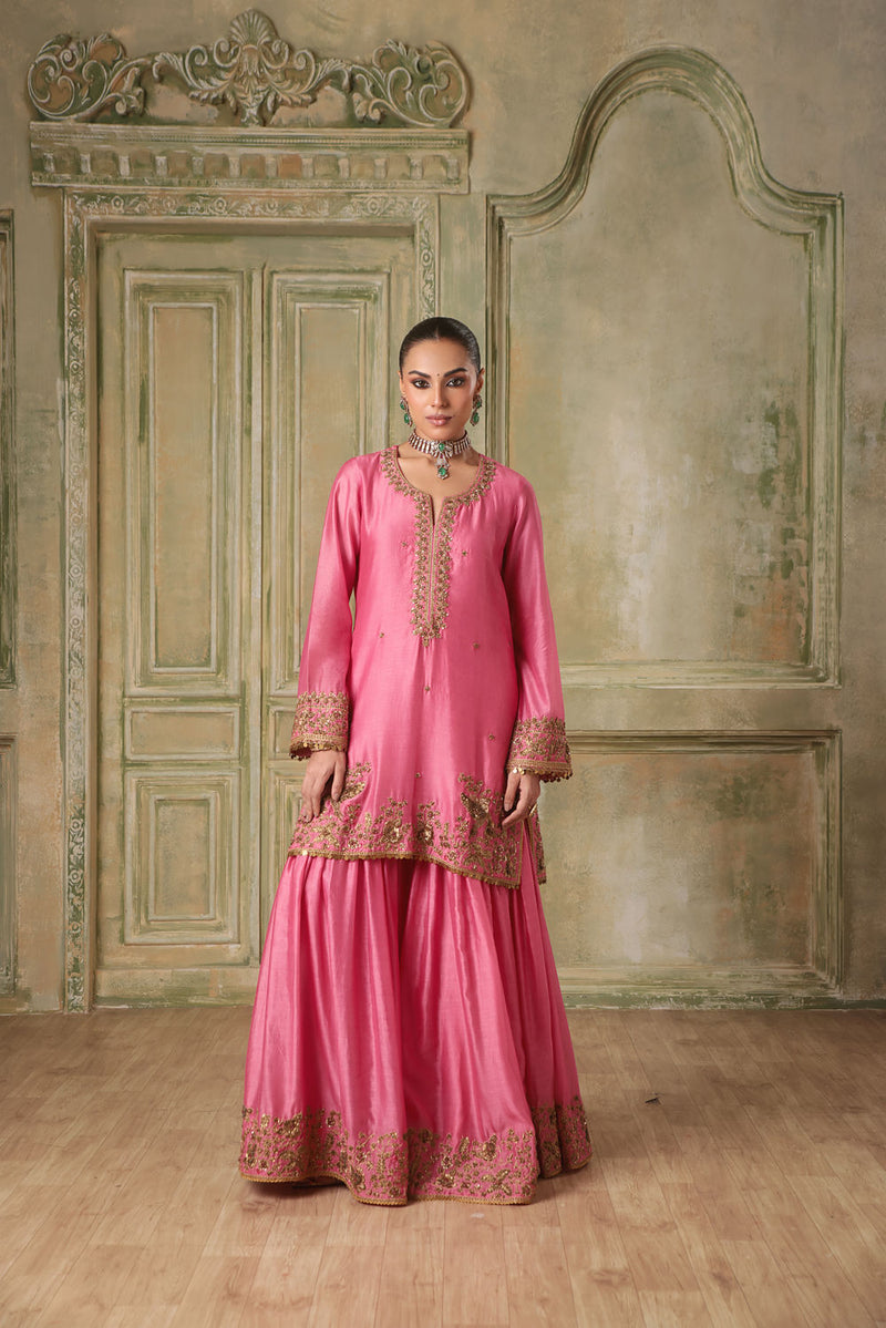 Zar-Rang Pink Heavy Sharara Set silk chanderi kurta/kurta set by Niti Bothra in pink for women in Singapore