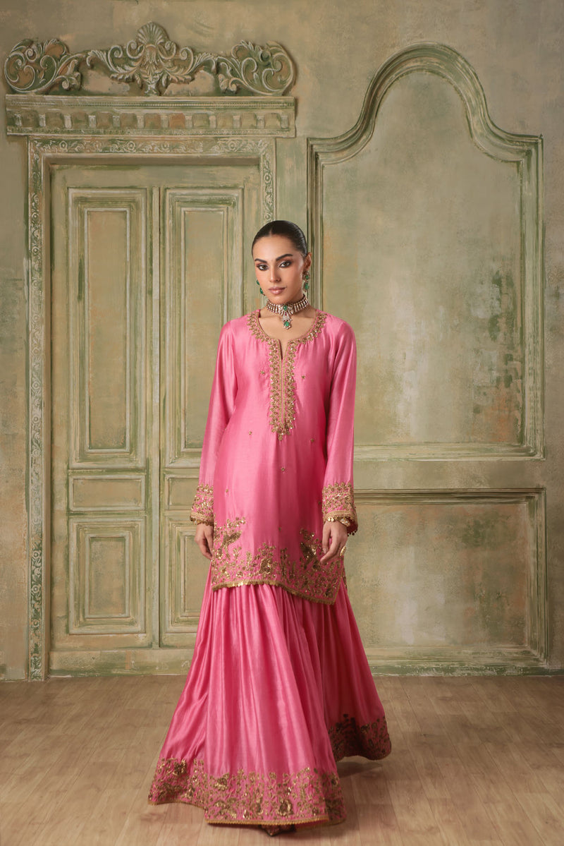 Zar-Rang Pink Heavy Sharara Set silk chanderi kurta/kurta set by Niti Bothra in pink for women in Singapore