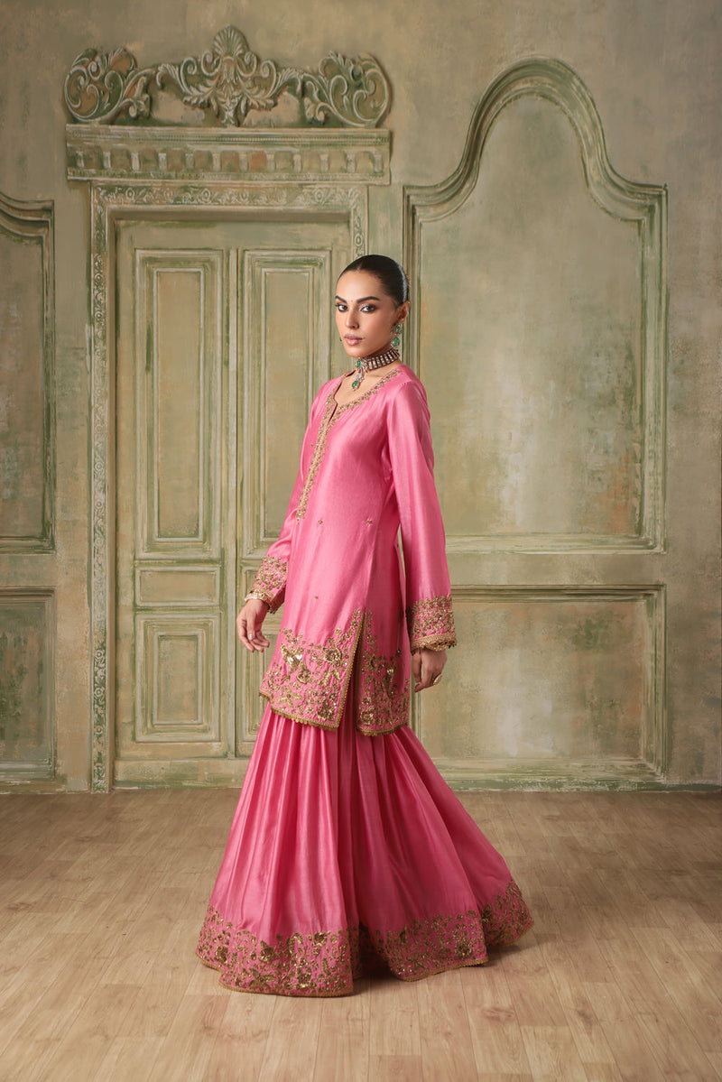 Zar-Rang Pink Heavy Sharara Set silk chanderi kurta/kurta set by Niti Bothra in pink for women in Singapore