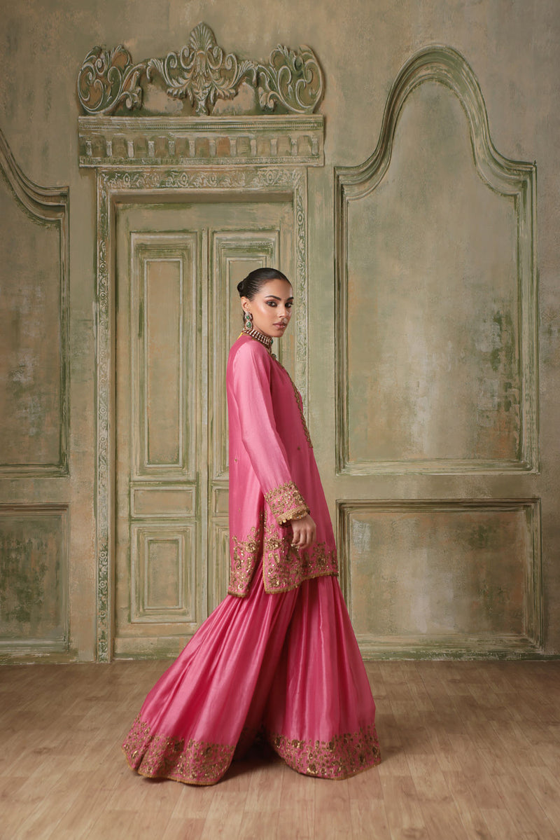 Zar-Rang Pink Heavy Sharara Set silk chanderi kurta/kurta set by Niti Bothra in pink for women in Singapore