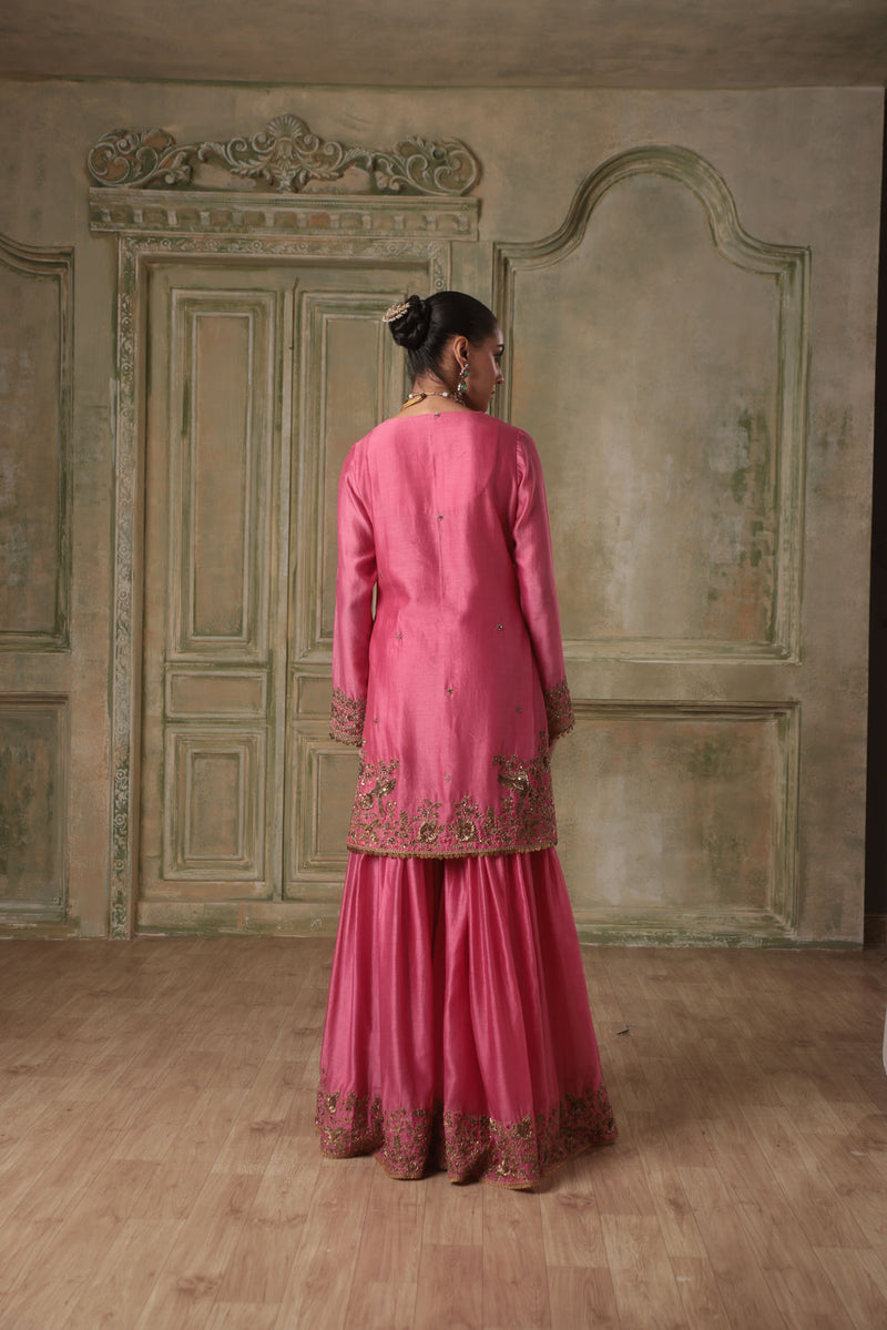 Zar-Rang Pink Heavy Sharara Set silk chanderi kurta/kurta set by Niti Bothra in pink for women in Singapore