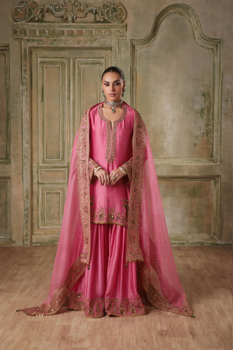 Zar-Rang Pink Heavy Sharara Set silk chanderi kurta/kurta set by Niti Bothra in pink for women in Singapore