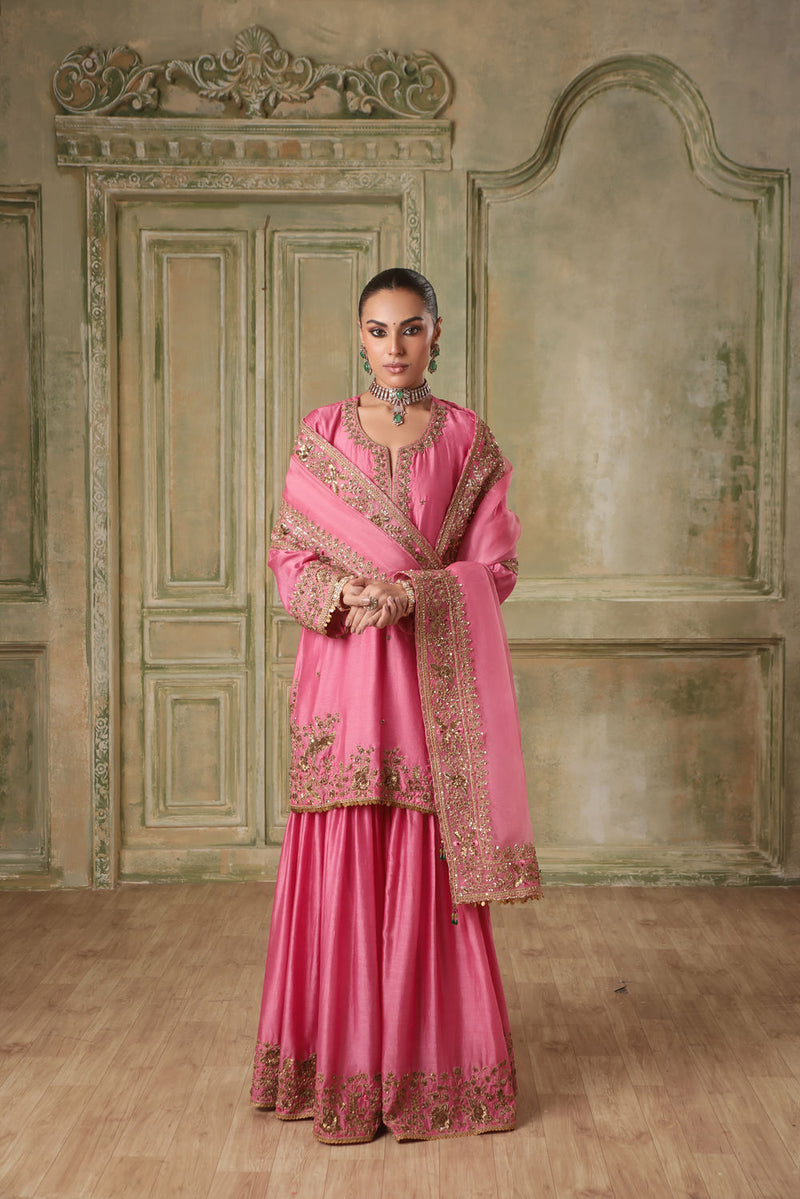 Zar-Rang Pink Heavy Sharara Set silk chanderi kurta/kurta set by Niti Bothra in pink for women in Singapore