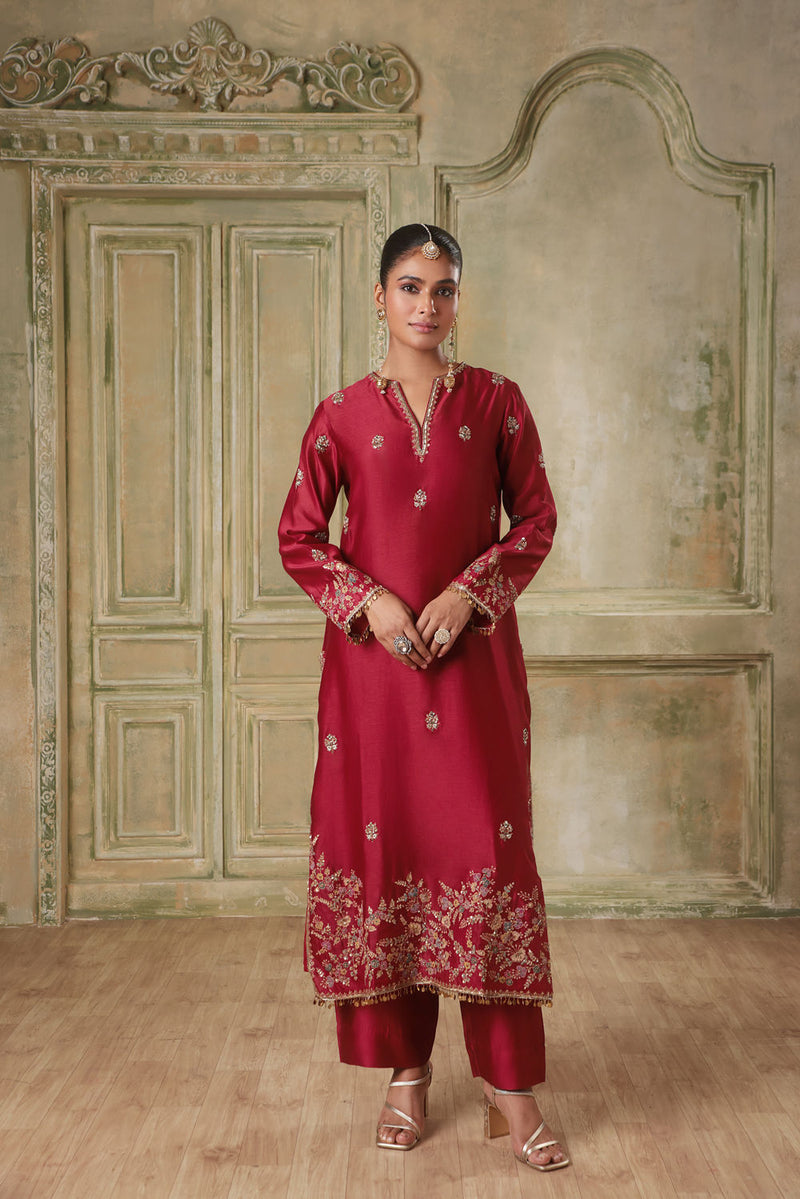 Zar-Rang Maroon Farshi Kurta Set silk chanderi kurta/kurta set by Niti Bothra in maroon for women in Singapore