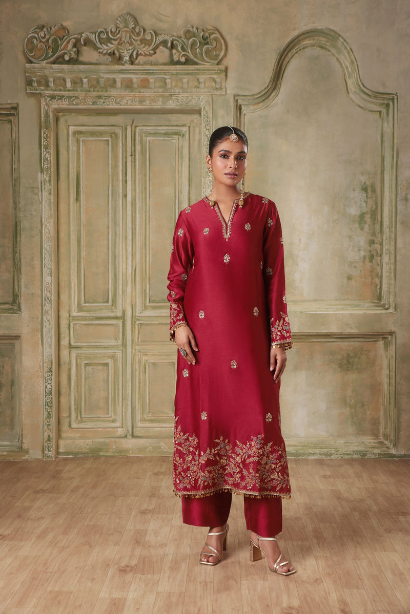Zar-Rang Maroon Farshi Kurta Set silk chanderi kurta/kurta set by Niti Bothra in maroon for women in Singapore
