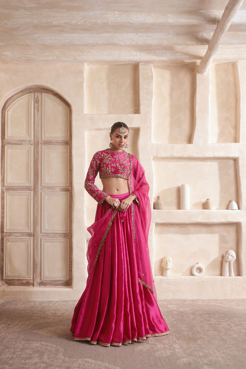 Zar-Rang Pink Lehenga Set kora silk Lehenga Set by Niti Bothra in pink for women in Singapore
