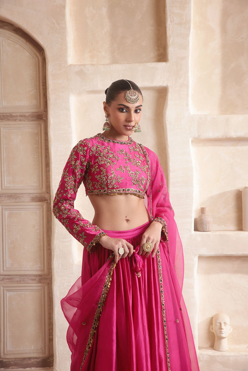 Zar-Rang Pink Lehenga Set kora silk Lehenga Set by Niti Bothra in pink for women in Singapore
