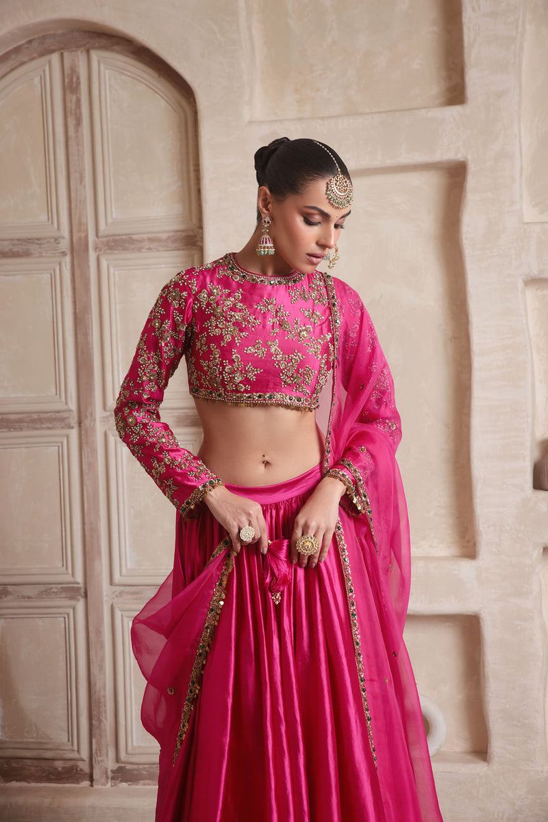 Zar-Rang Pink Lehenga Set kora silk Lehenga Set by Niti Bothra in pink for women in Singapore