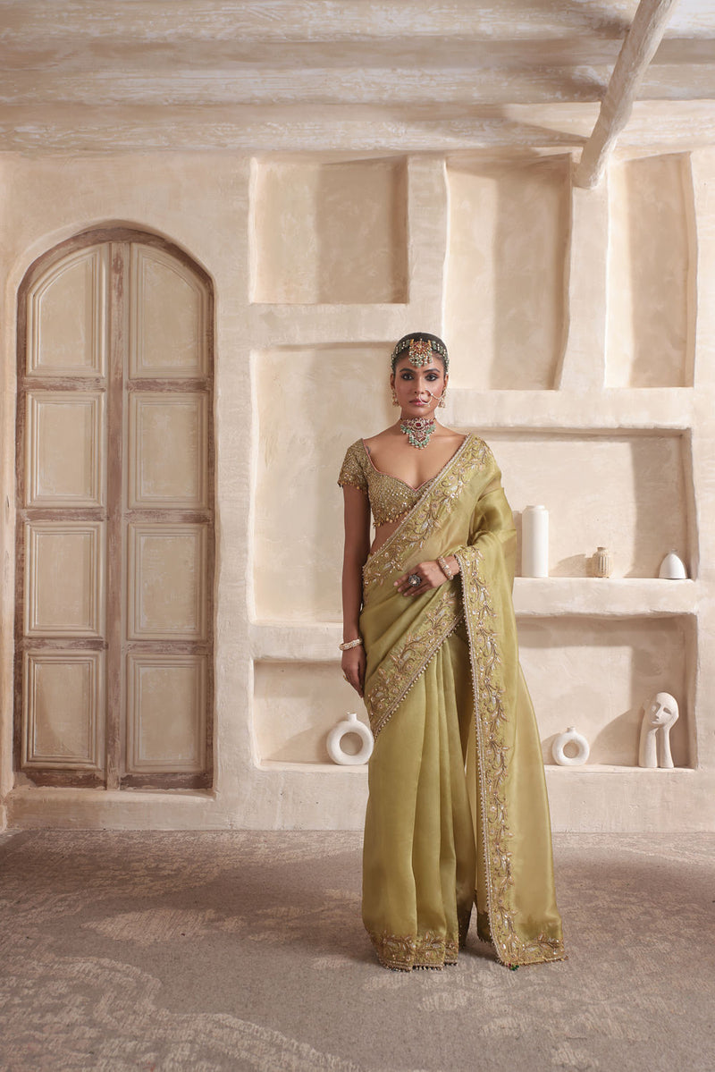 Zar-Rang Olive Green Zardosi Border Saree Set kora silk saree by Niti Bothra in olive green for women in Singapore