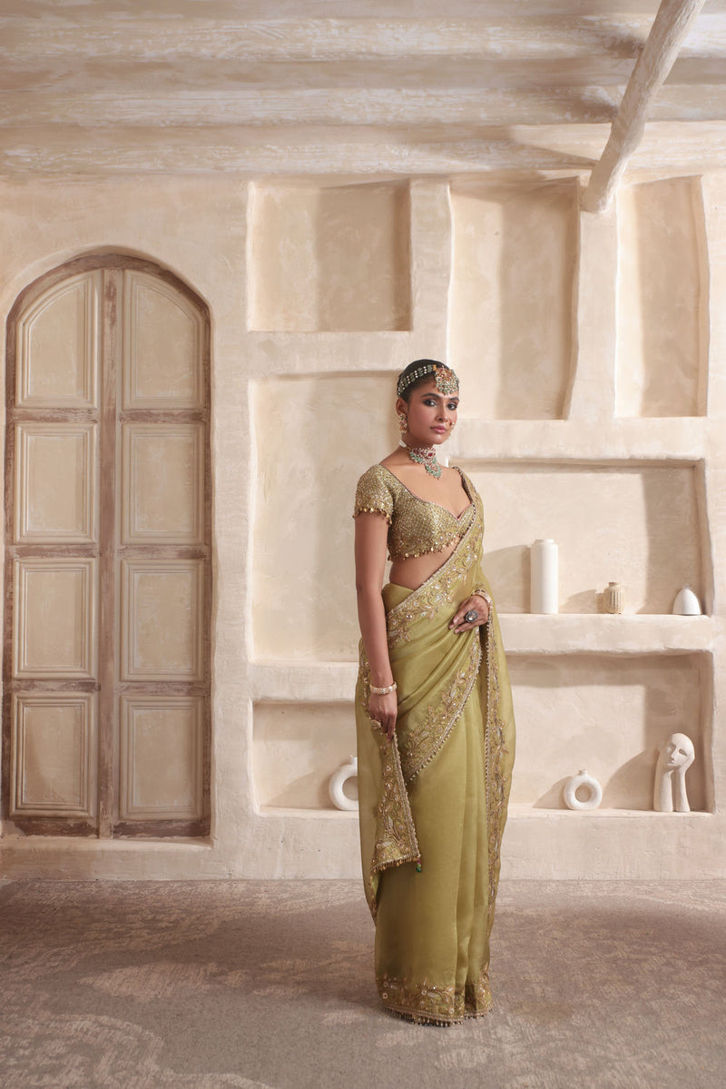 Zar-Rang Olive Green Zardosi Border Saree Set kora silk saree by Niti Bothra in olive green for women in Singapore
