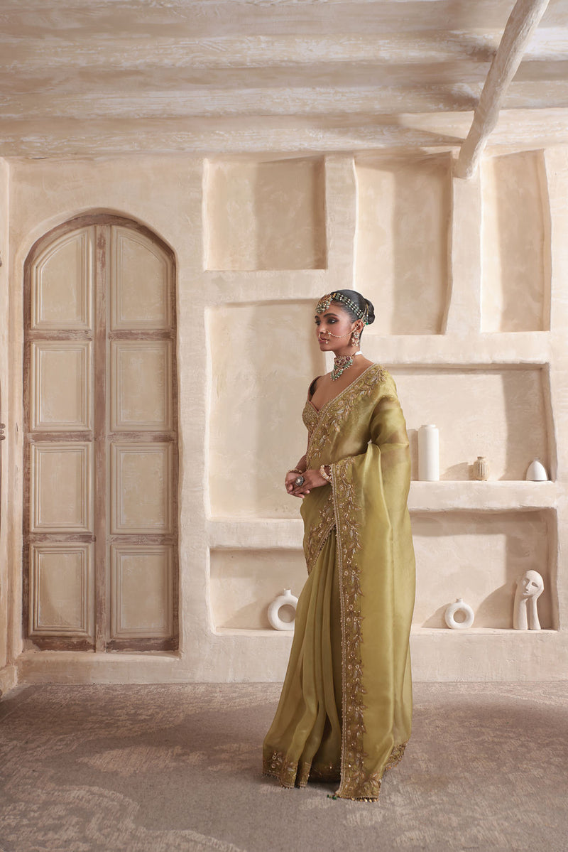 Zar-Rang Olive Green Zardosi Border Saree Set kora silk saree by Niti Bothra in olive green for women in Singapore