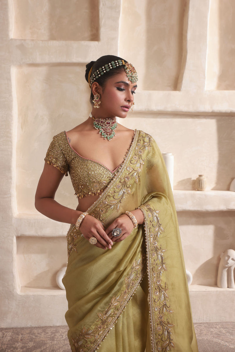 Zar-Rang Olive Green Zardosi Border Saree Set kora silk saree by Niti Bothra in olive green for women in Singapore