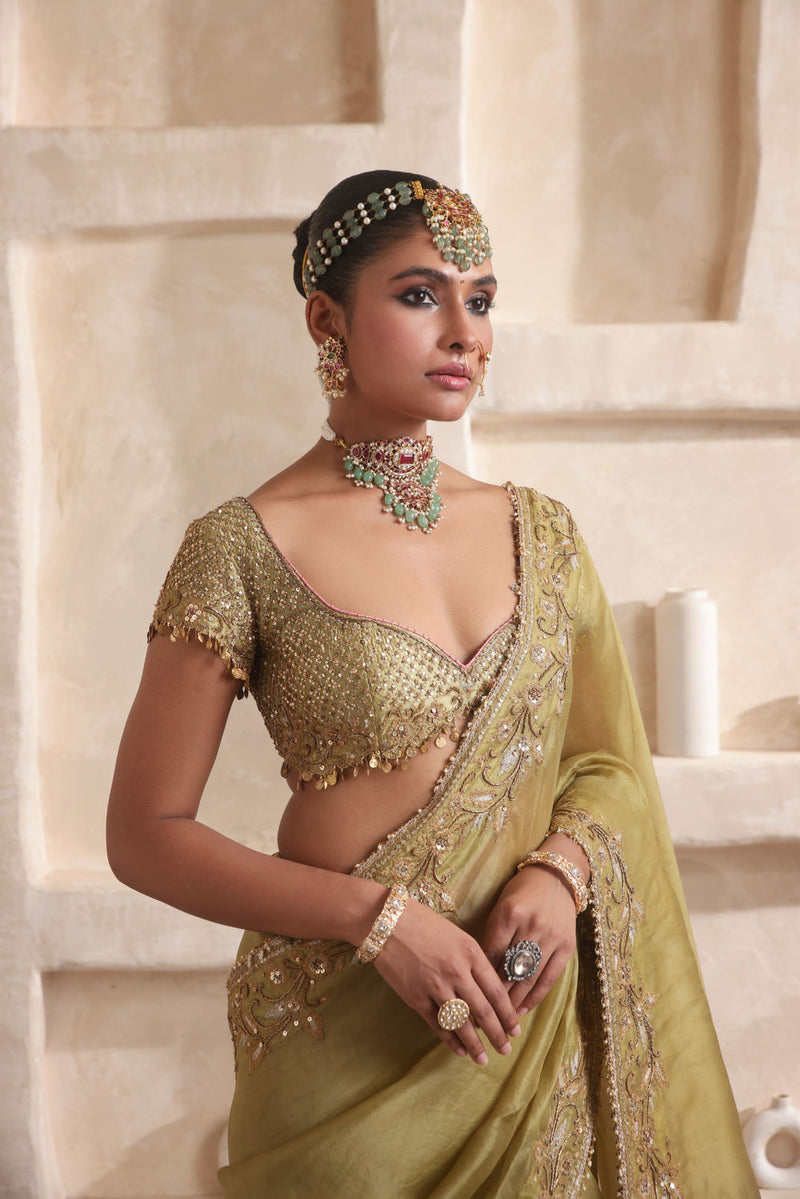 Zar-Rang Olive Green Zardosi Border Saree Set kora silk saree by Niti Bothra in olive green for women in Singapore
