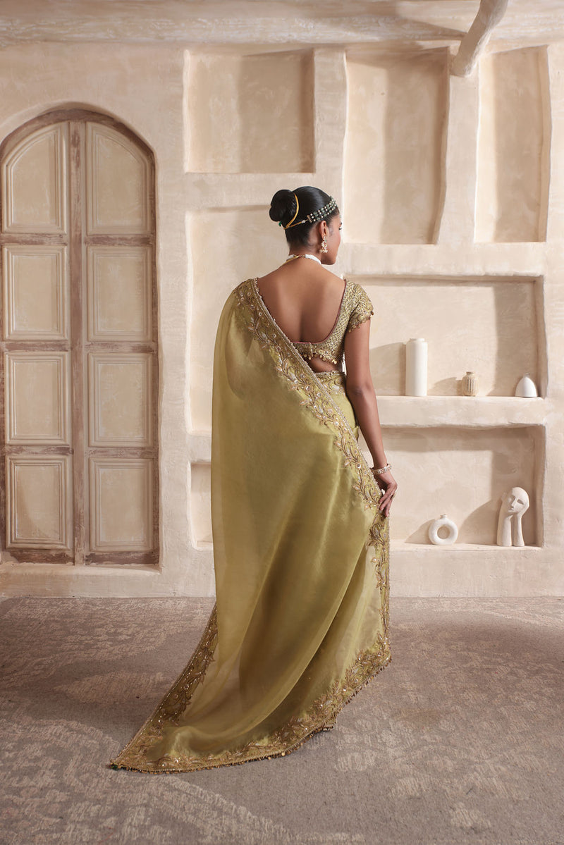 Zar-Rang Olive Green Zardosi Border Saree Set kora silk saree by Niti Bothra in olive green for women in Singapore