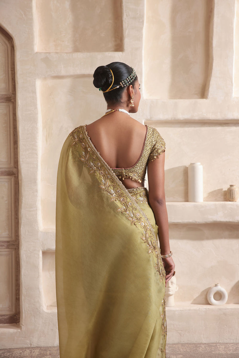 Zar-Rang Olive Green Zardosi Border Saree Set kora silk saree by Niti Bothra in olive green for women in Singapore