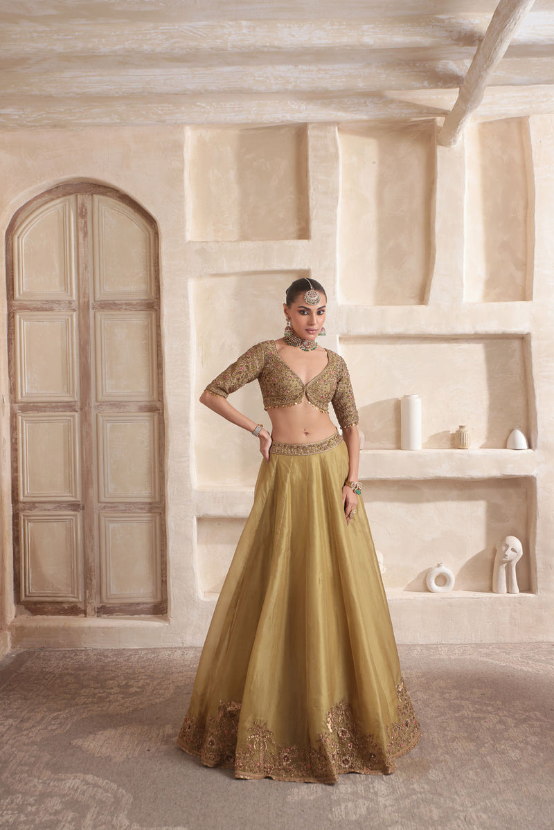 Zar-Rang Olive Green Pakhi Lehenga Set kora silk Lehenga Set by Niti Bothra in olive green for women in Singapore