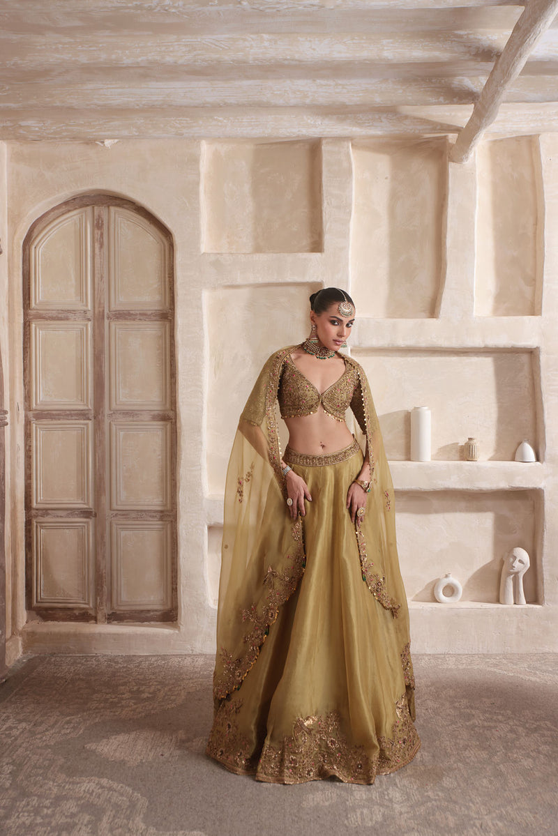 Zar-Rang Olive Green Pakhi Lehenga Set kora silk Lehenga Set by Niti Bothra in olive green for women in Singapore