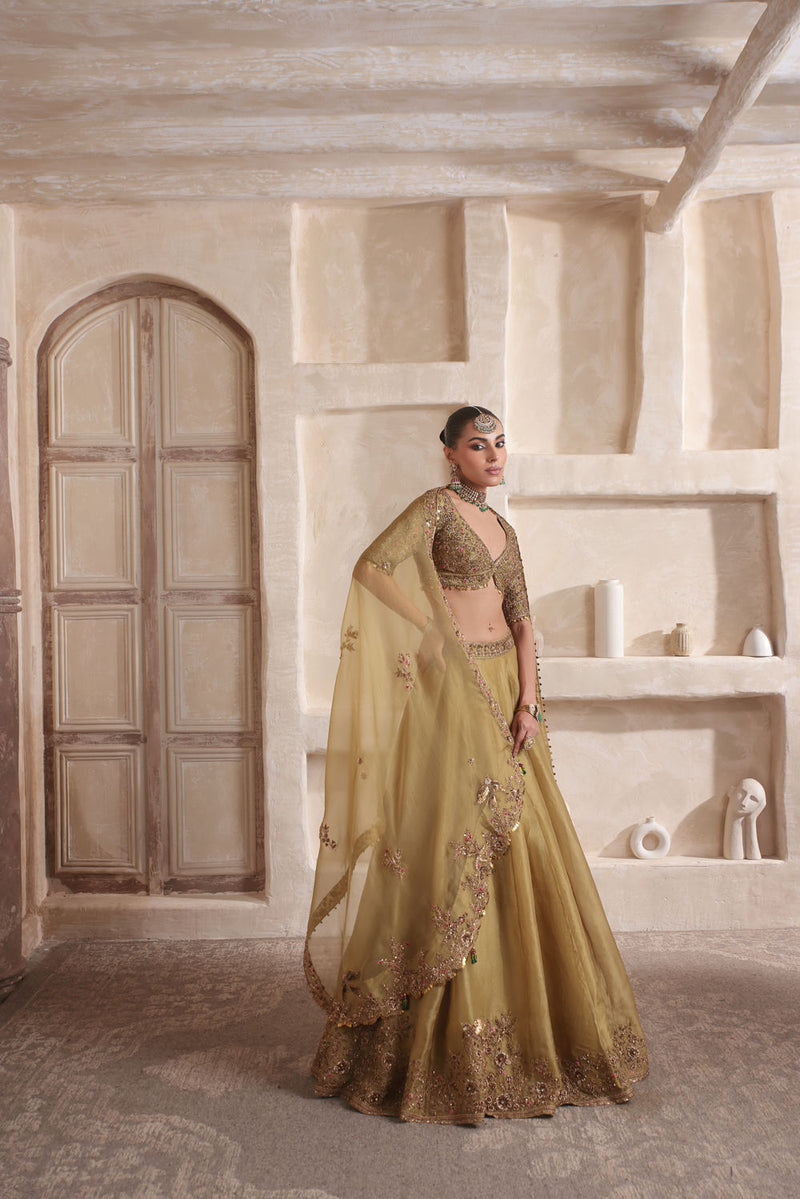 Zar-Rang Olive Green Pakhi Lehenga Set kora silk Lehenga Set by Niti Bothra in olive green for women in Singapore