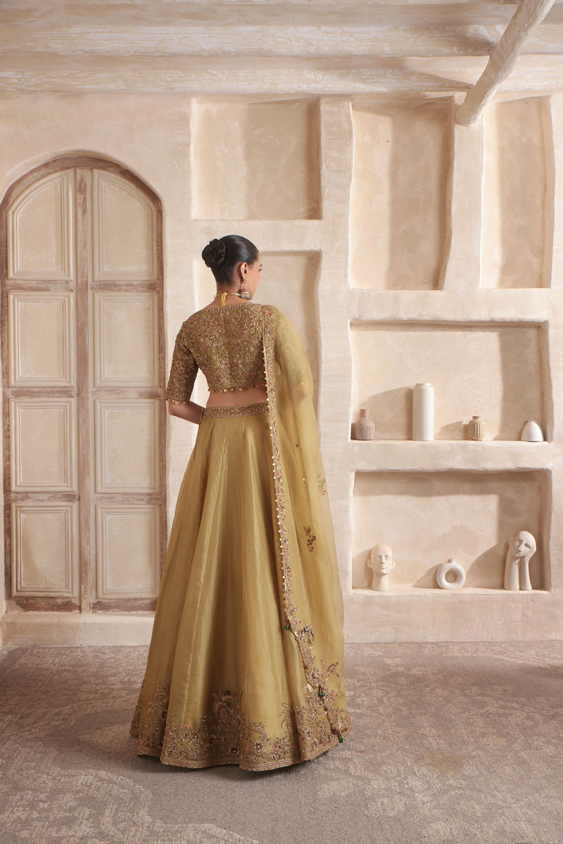 Zar-Rang Olive Green Pakhi Lehenga Set kora silk Lehenga Set by Niti Bothra in olive green for women in Singapore