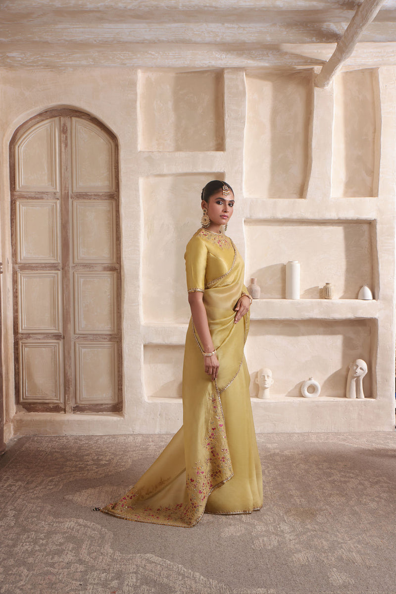 Zar-Rang Olive Green Multicolor Resham Saree Set kora silk saree by Niti Bothra in olive green for women in Singapore