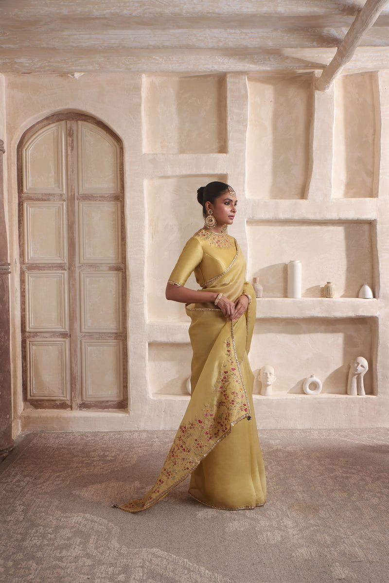 Zar-Rang Olive Green Multicolor Resham Saree Set kora silk saree by Niti Bothra in olive green for women in Singapore
