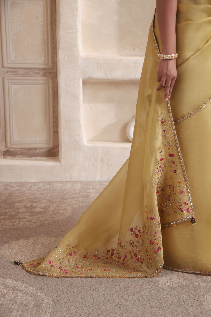 Zar-Rang Olive Green Multicolor Resham Saree Set kora silk saree by Niti Bothra in olive green for women in Singapore