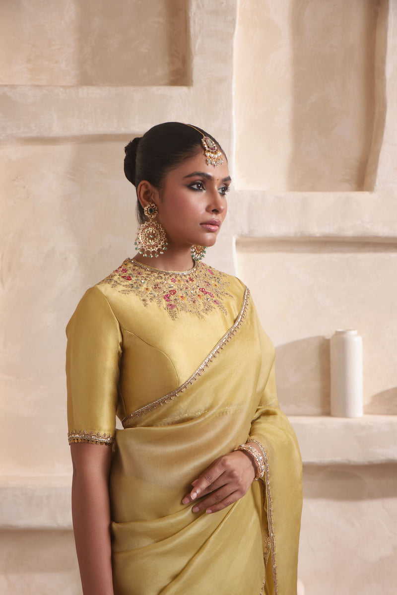 Zar-Rang Olive Green Multicolor Resham Saree Set kora silk saree by Niti Bothra in olive green for women in Singapore