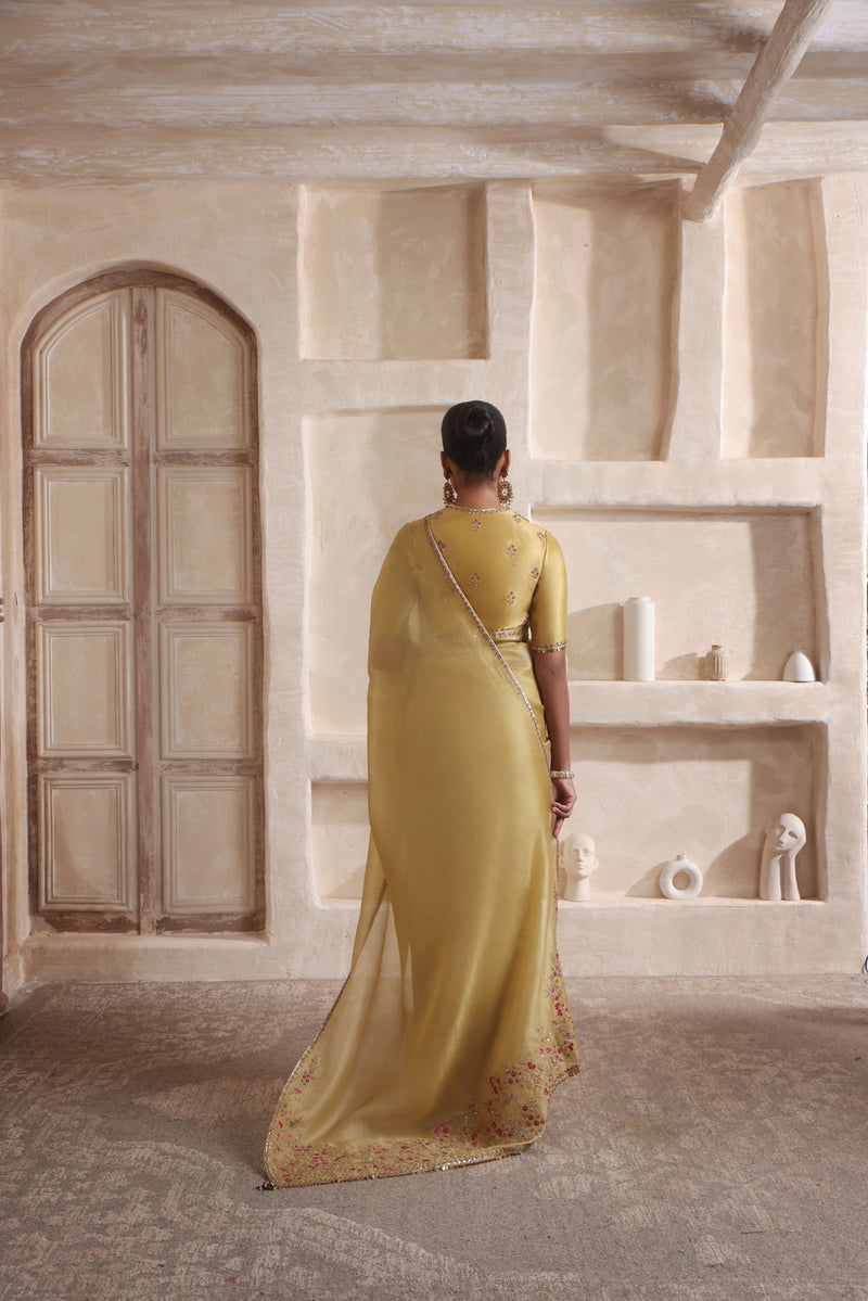 Zar-Rang Olive Green Multicolor Resham Saree Set kora silk saree by Niti Bothra in olive green for women in Singapore