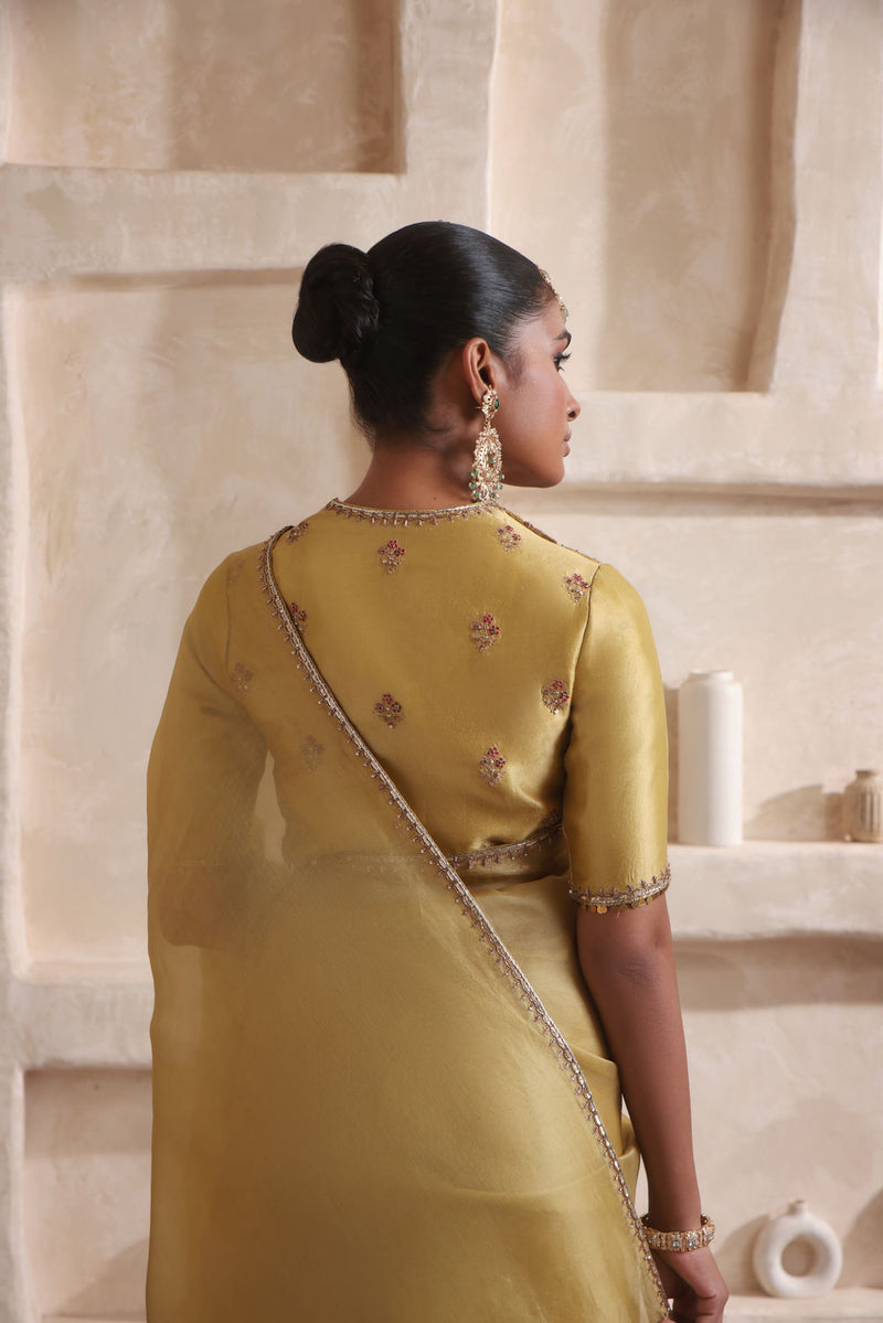 Zar-Rang Olive Green Multicolor Resham Saree Set kora silk saree by Niti Bothra in olive green for women in Singapore