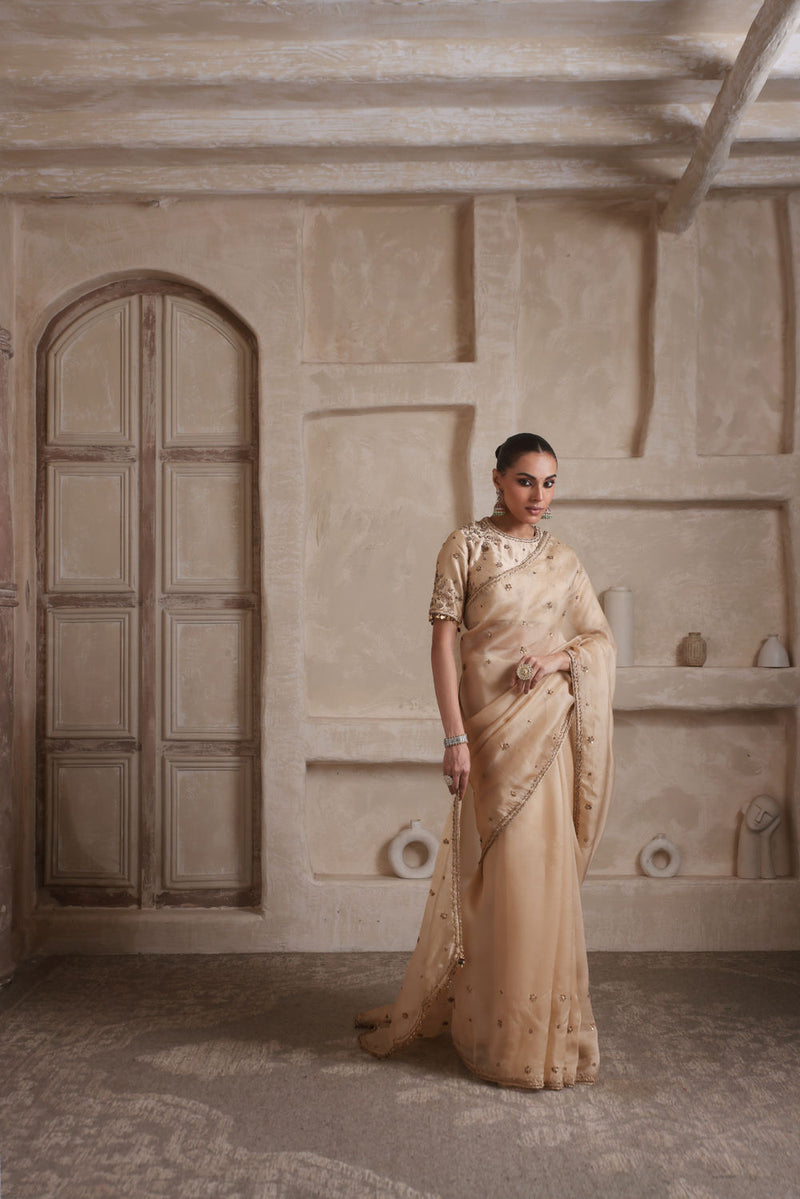 Zar-Rang Ivory Buti Saree set kora silk saree by Niti Bothra in ivory for women in Singapore