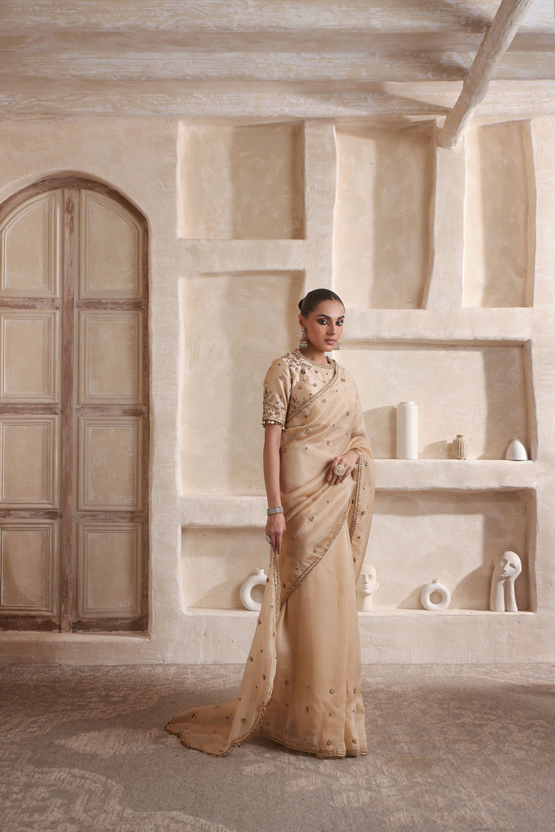 Zar-Rang Ivory Buti Saree set kora silk saree by Niti Bothra in ivory for women in Singapore