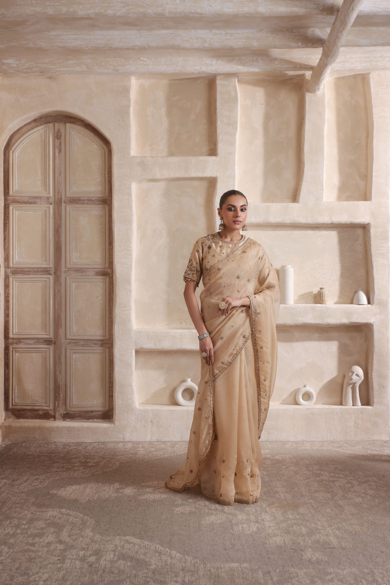 Zar-Rang Ivory Buti Saree set kora silk saree by Niti Bothra in ivory for women in Singapore