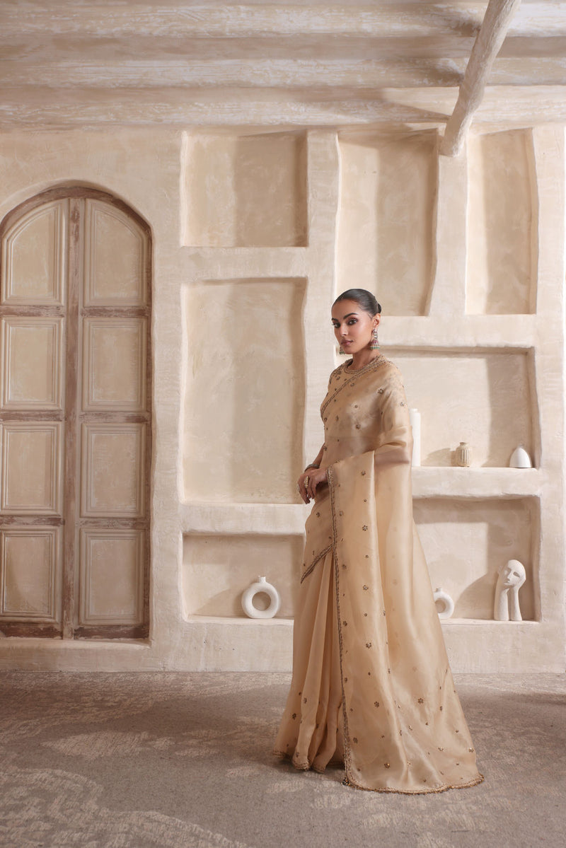 Zar-Rang Ivory Buti Saree set kora silk saree by Niti Bothra in ivory for women in Singapore