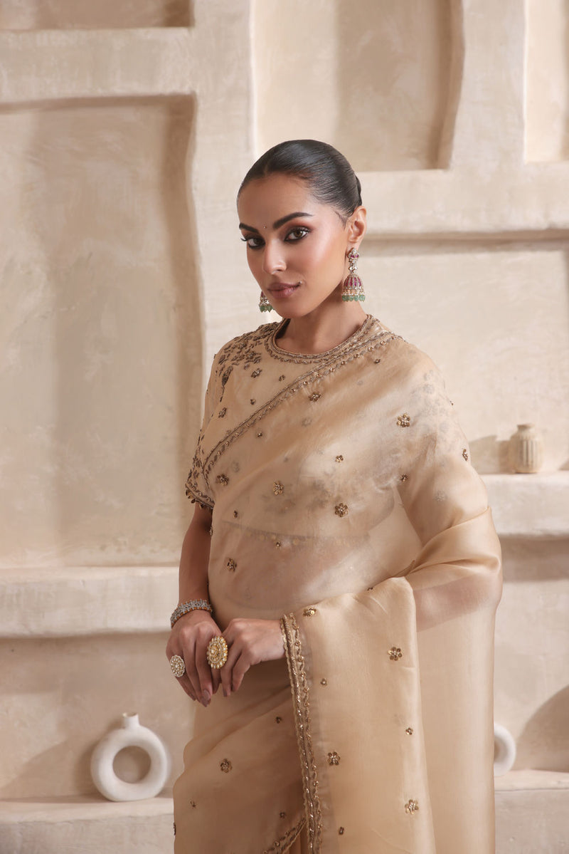 Zar-Rang Ivory Buti Saree set kora silk saree by Niti Bothra in ivory for women in Singapore