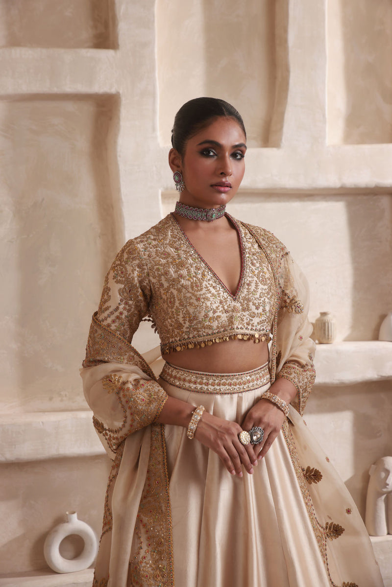 Zar-Rang Ivory Scallop Lehenga Set kora silk Lehenga Set by Niti Bothra in ivory for women in Singapore