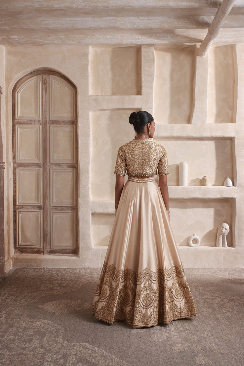 Zar-Rang Ivory Scallop Lehenga Set kora silk Lehenga Set by Niti Bothra in ivory for women in Singapore
