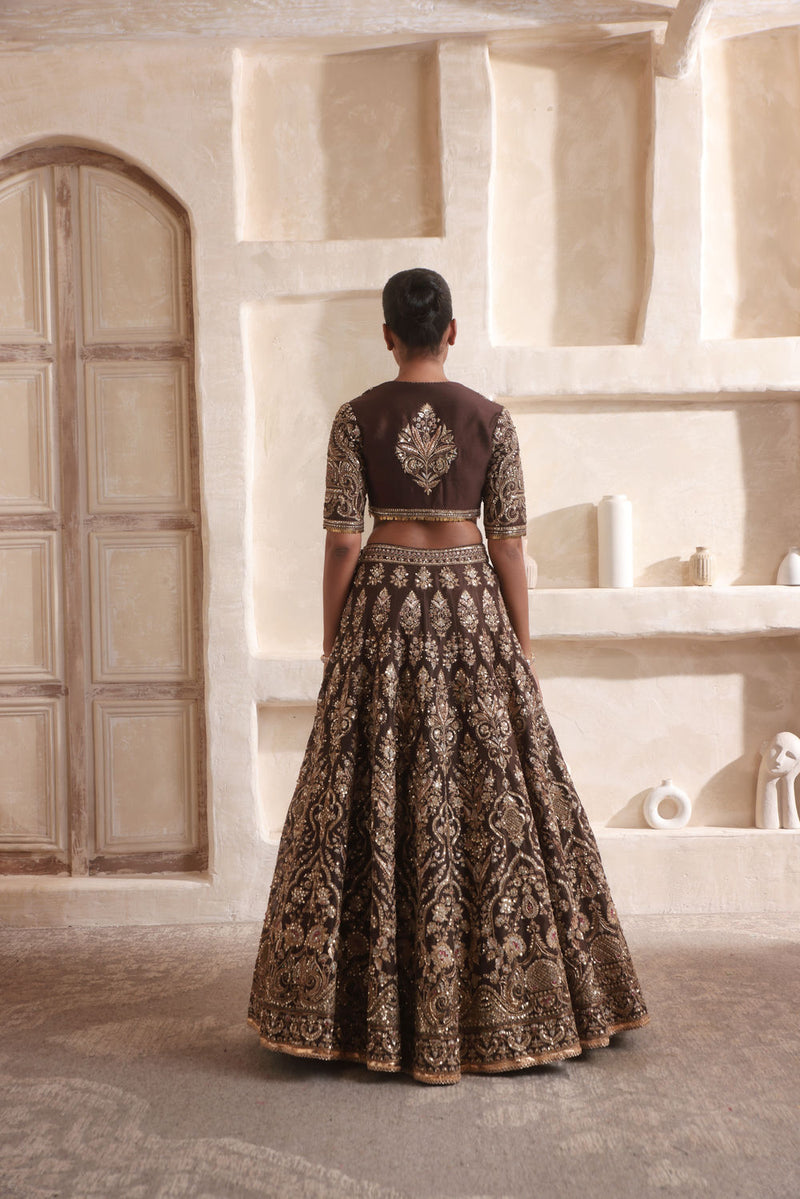Zar-Rang Brown Jaal Lehenga Set organza Lehenga Set by Niti Bothra in brown for women in Singapore