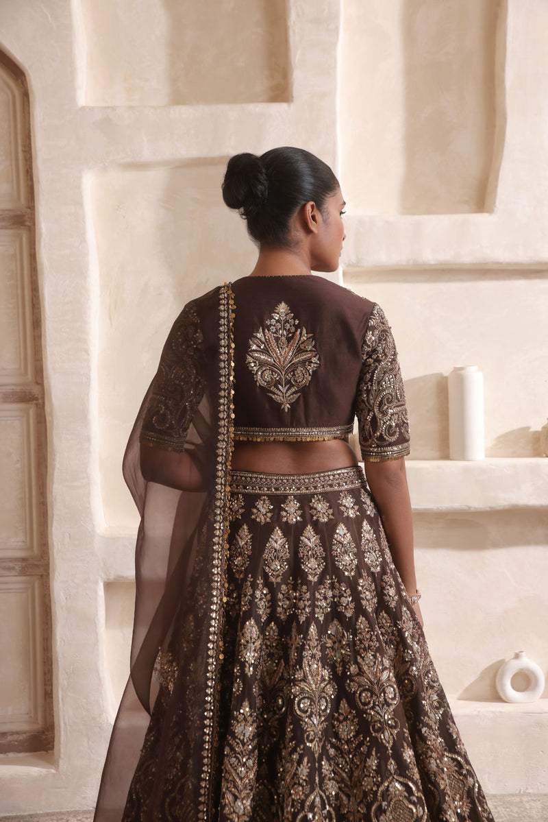 Zar-Rang Brown Jaal Lehenga Set organza Lehenga Set by Niti Bothra in brown for women in Singapore