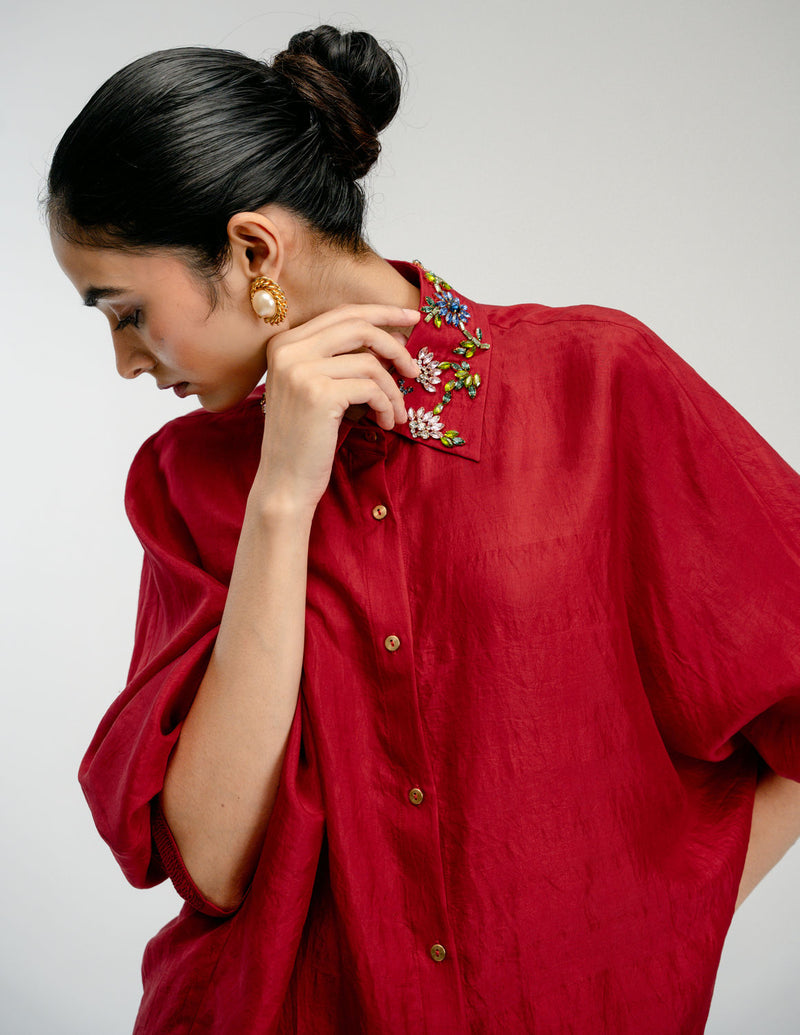 Borrowed Time Set mulberry silk co-ord set by Ode to Odd in red for women in Singapore