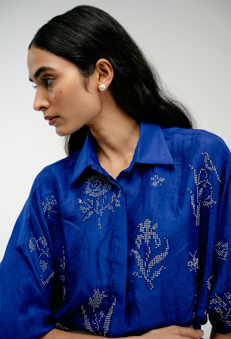 Woven Memory Shirt mulberry silk top/shirt by Ode to Odd in blue for women in Singapore