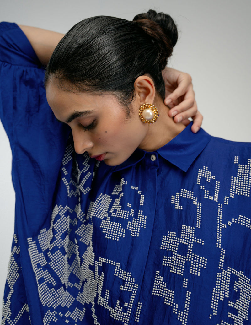 Old Charm Shirt mulberry silk top/shirt by Ode to Odd in blue for women in Singapore
