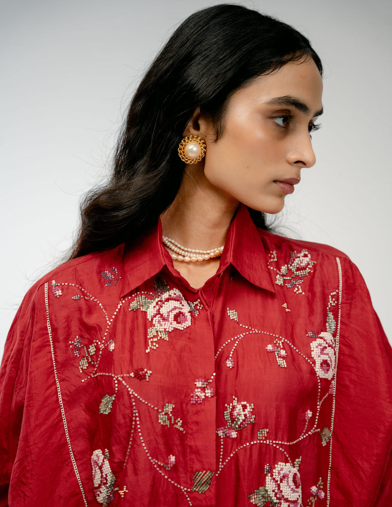 Forgotten Bloom Shirt mulberry silk top/shirt by Ode to Odd in red for women in Singapore