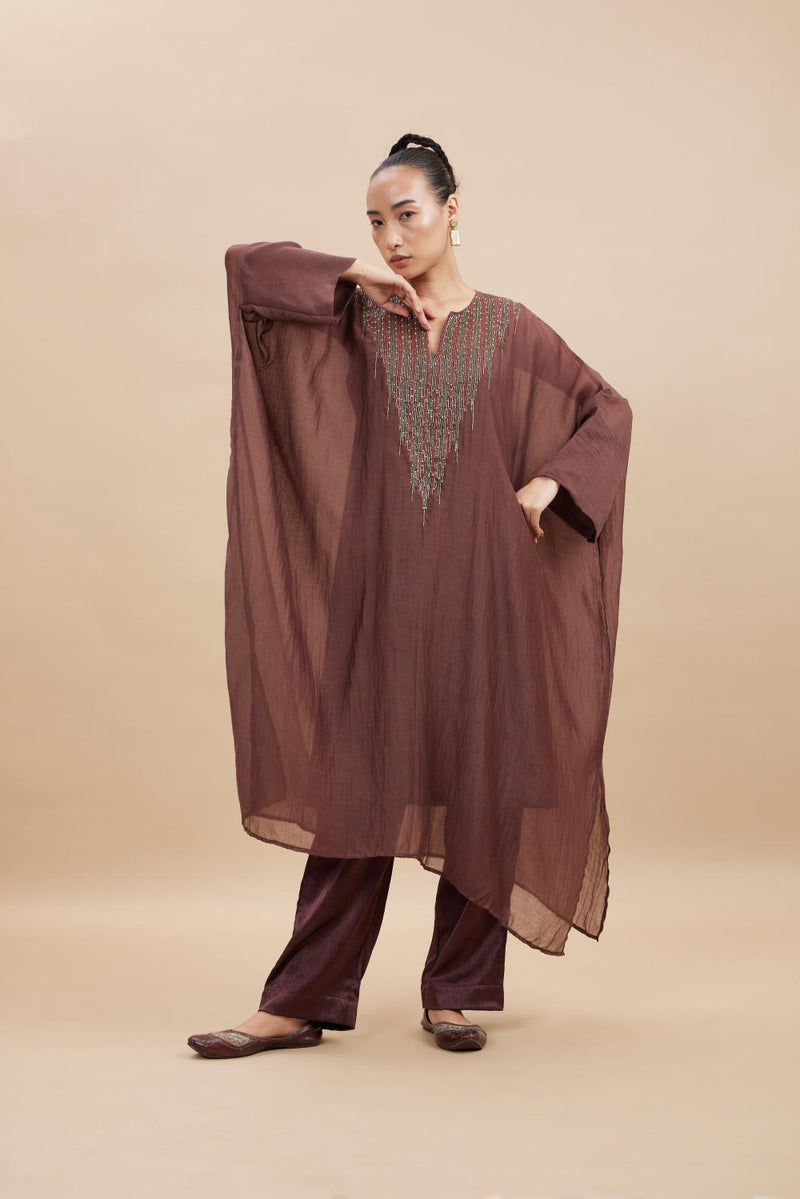 NEERA KAFTAN SET chanderi by Aavidi in brown color for women in Singapore