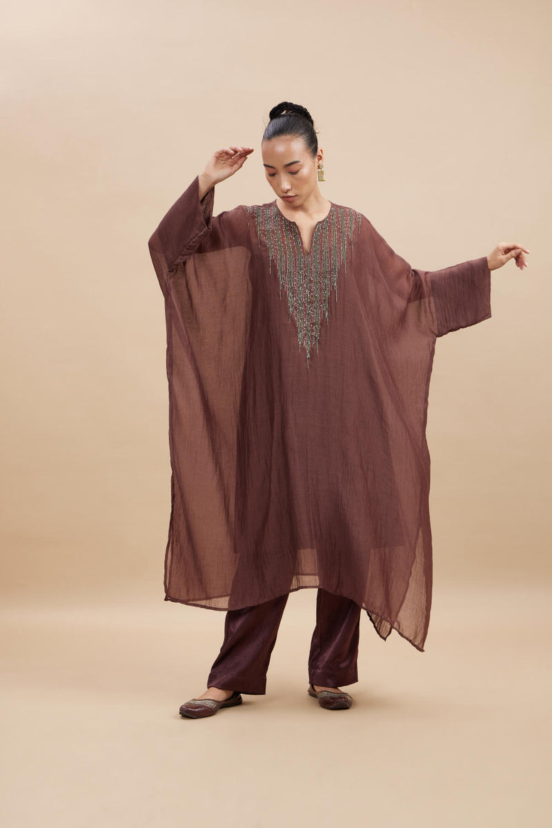 NEERA KAFTAN SET chanderi by Aavidi in brown color for women in Singapore