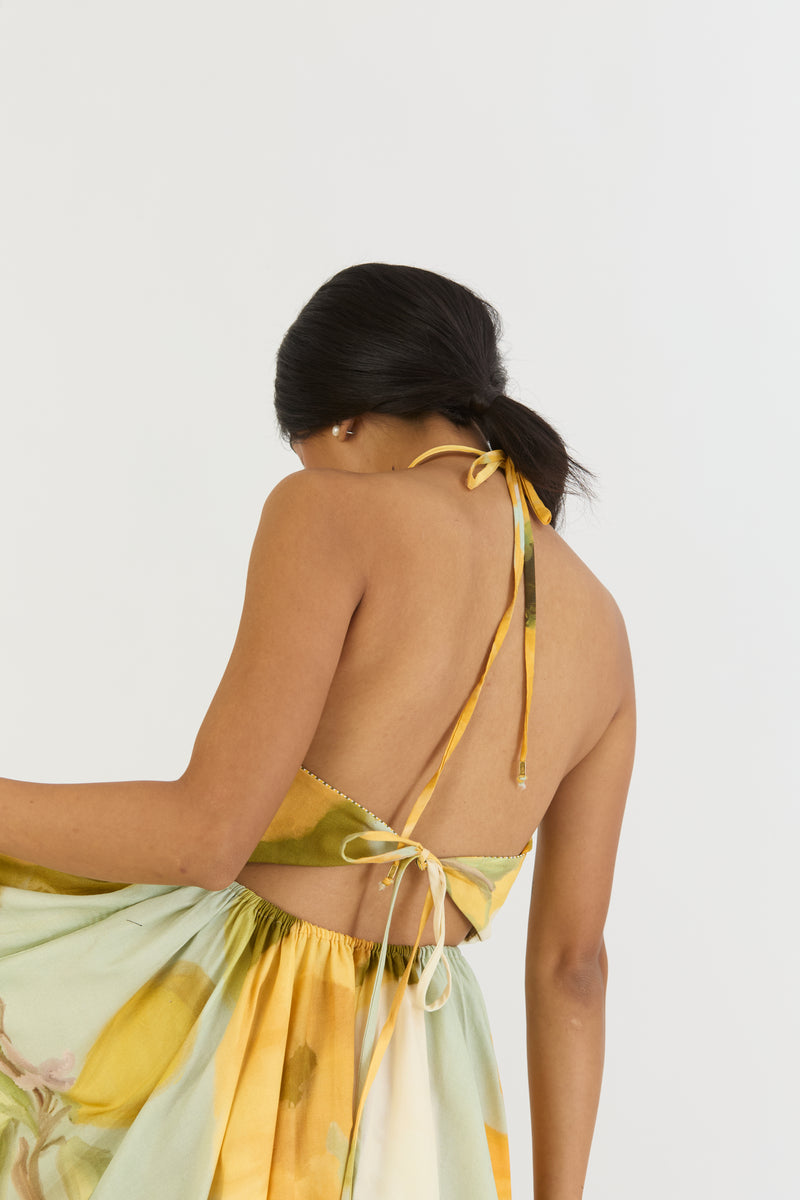 LEMONADE HALTER NECK DRESS satin by Yam in yellow color for women in Singapore