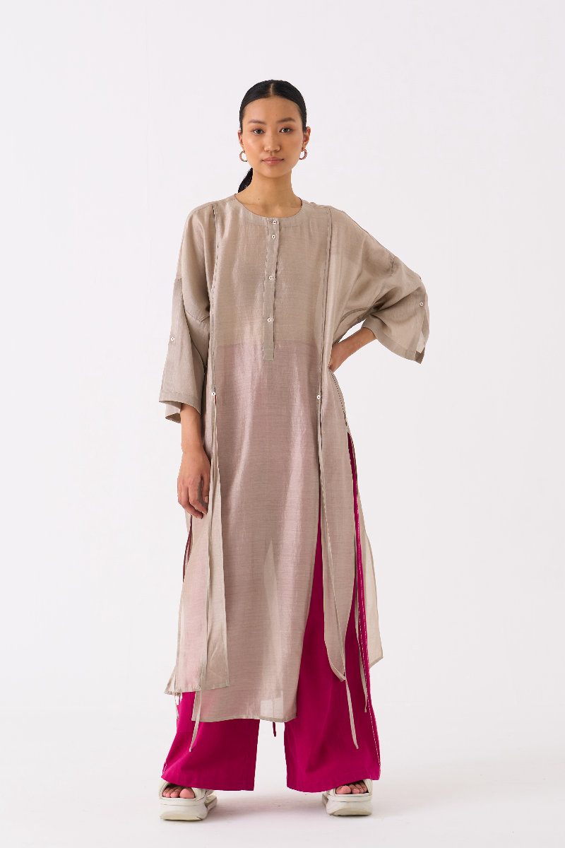 PANELLED TUNIC-ASH GREY chanderi by THREE in grey color for women in Singapore