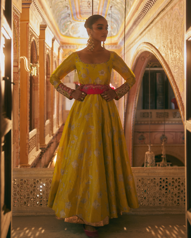 Khel Yellow Printed Tissue Anarkali silk by Rajiramniq in multi color for women in Singapore