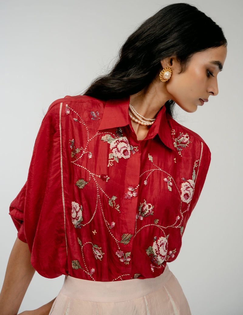 Forgotten Bloom Shirt mulberry silk top/shirt by Ode to Odd in red for women in Singapore