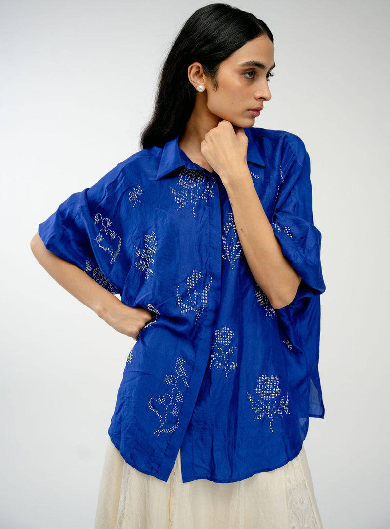 Woven Memory Shirt mulberry silk top/shirt by Ode to Odd in blue for women in Singapore