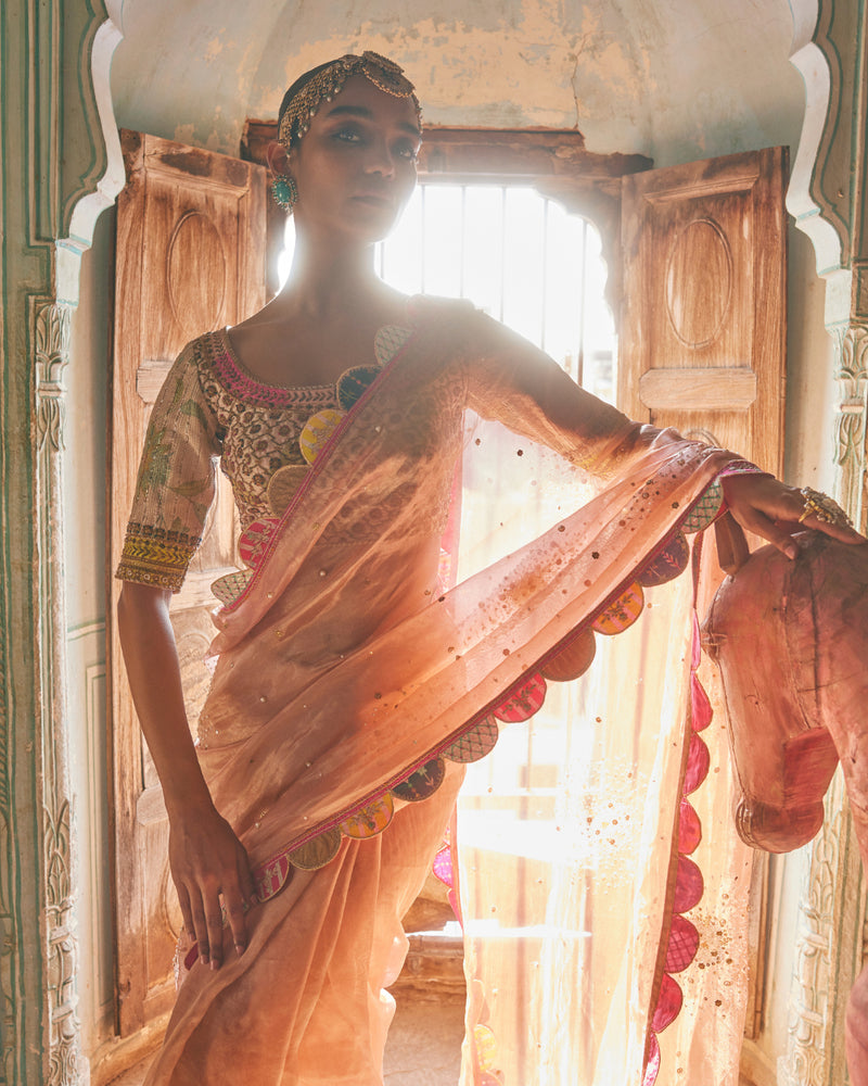 Khel Nude Pink Pearl Sprinkle Tissue Saree organza by Rajiramniq in pink color for women in Singapore